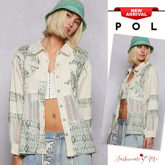 POL Boho Printed Crochet Patchwork Design Buttoned Long Sleeves Shirt | Gum Leaf - Picture 1 of 4